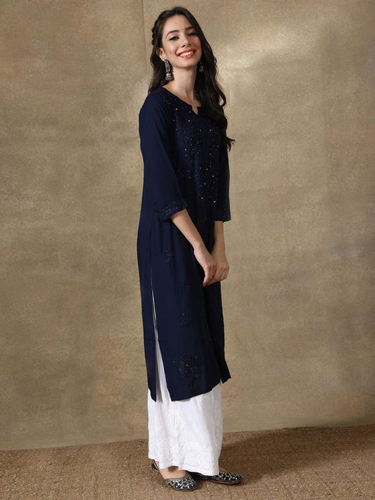 Women's Premium Rayon Chikankari Kurti with Muquesh Embellishments