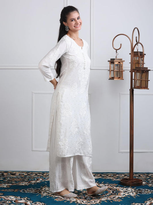 Women's Premium White Chanderi Silk Chikankari Kurti and Palazzo Set