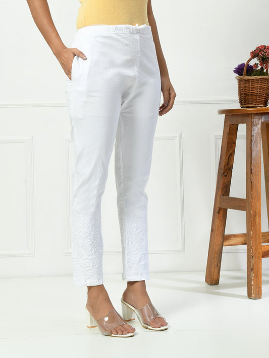 Women's Chikankari Stretchable Cotton Lycra Pants with Both Side Pockets – Stylish & Comfortable