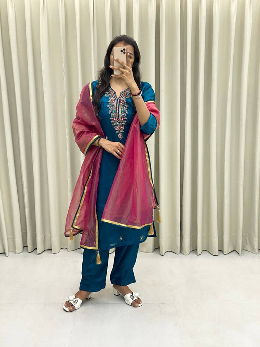 DESIGNER WEAR  HEAVY FENDI SILK TOP AND PANT WITH DUPATTA