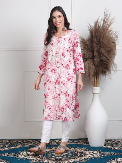 Women's White Base Pure Mulmul Floral Print Lucknowi Chikankari Straight Long Kurti