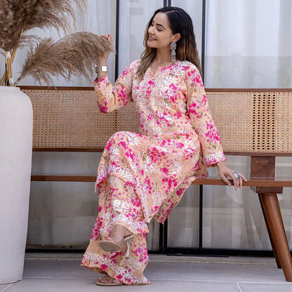Women's Lucknowi Chikankari Handwork Mulmul Print Kurti & Palazzo Set